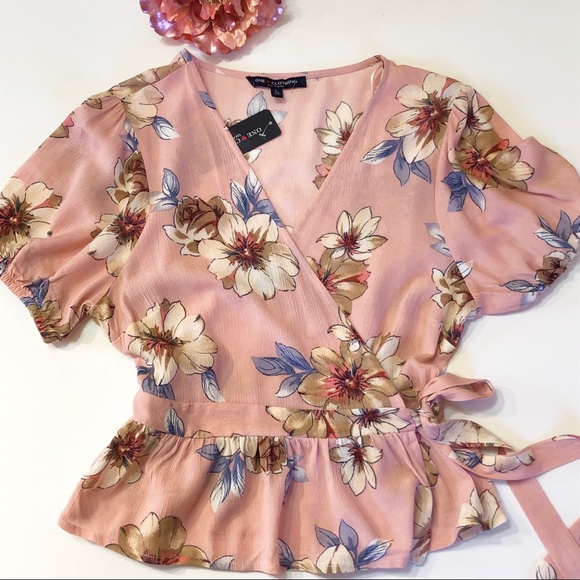 Floral Print Wrap Front Ruffled Hem Blouse - Picture 2 of 7